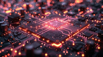 Fototapeta premium Atomic-level depiction of a quantum computer chip, with AI algorithms visualized as flowing data streams, symbolizing their synergy. Minimal and Simple style