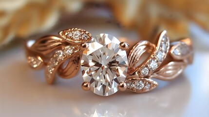 Fototapeta premium Vintage-inspired rose gold engagement ring with oval diamond