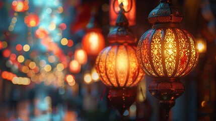 Oriental lantern with intricate designs, holiday lights bokeh, mosque background, evening scene, AI generated, festive and serene, Digital Illustration 8K , high-resolution, ultra HD,up32K HD
