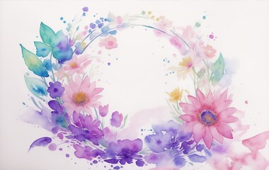 Watercolor Flower Wreath Illustration with Colorful Paint Splash on Light Background. Vintage Aquarelle Wallpaper Design for Banner, Poster, Invitation or Greeting Card. AI Generated.