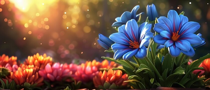 Blue wildflowers in natural setting, soft focus and bokeh, summer spring floral background, AI generated, serene and vibrant, Digital Art