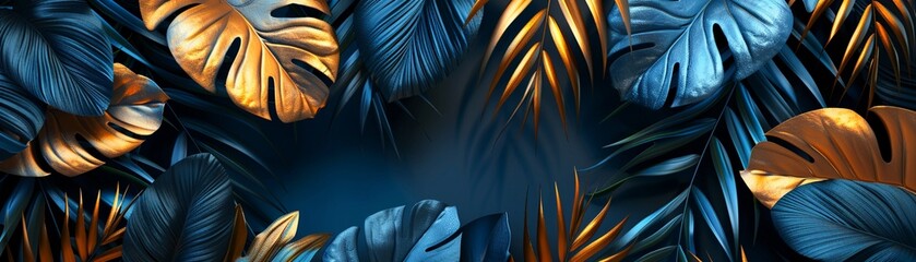 Beautiful luxury dark blue textured 3D background, golden, green, and blue tropical leaves, elegant and sophisticated, AI generated, Digital Art 8K , high-resolution, ultra HD,up32K HD