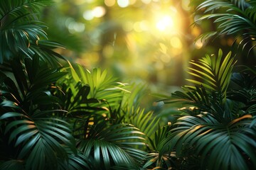 Fototapeta na wymiar A verdant natural background shows the abundance of green leaves and plants that are growing well in the rainforest.