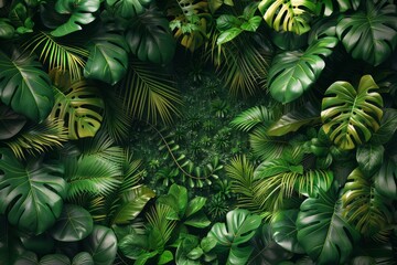 A verdant natural background shows the abundance of green leaves and plants that are growing well in the rainforest.
