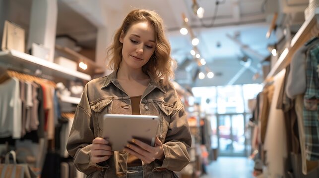 Portrait Of Female Owner Of Fashion Store Checking Stock In Clothing Store With Digital Tablet : Generative AI