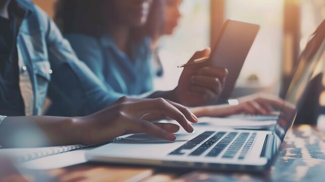 Close up diverse colleagues working on online project together discussing financial statistics using laptop Caucasian businessman mentor training African American young businesswoman i : Generative AI