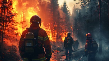 Naklejka premium Firefighter crew coordinating efforts to contain a forest fire, demonstrating teamwork and coordination in emergency response