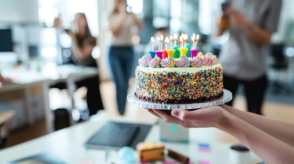 Office birthday celebration with colleagues and a colorful cake with lit candles, creating a festive and cheerful work environment.