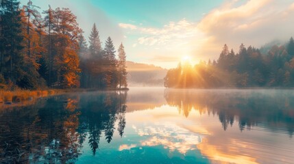 Autumn sunrise with pastel skies over a tranquil lake and forest.
