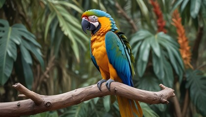 Obraz premium A close-up of a colorful macaw perched on a branch, feathers ruffled in the wind.
