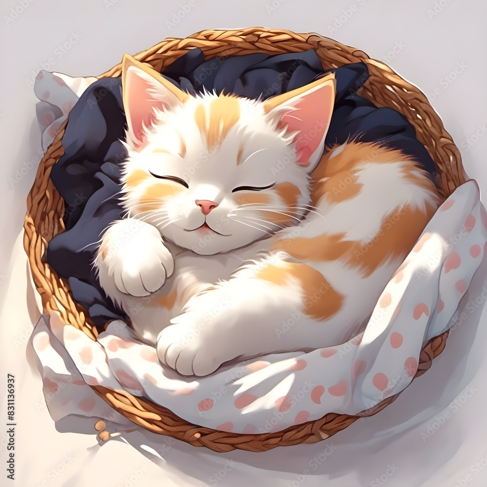 Sticker AI generated illustration of an orange and white kitten peacefully napping in a wicker basket