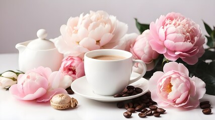 On a white background, adorable feminine accessories, coffee with cream, and pink peonies: 