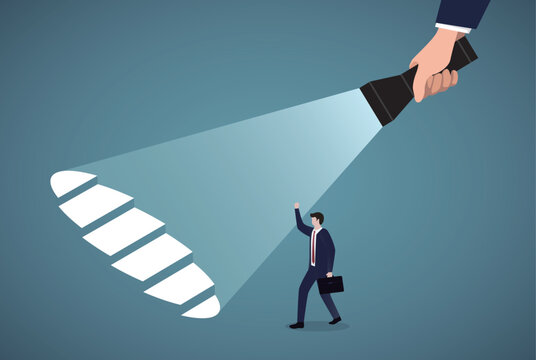 Point direction. The leader shows the way for younger employee. Flashlight direction. Human holds a flashlight in hand. Steps to success. Vector illustration flat design.