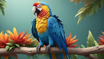 A close-up of a colorful macaw perched on a branch, feathers ruffled in the wind.