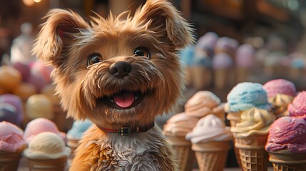 Dog Cartoon Character Savoring Ice Cream Sundaes at a Party