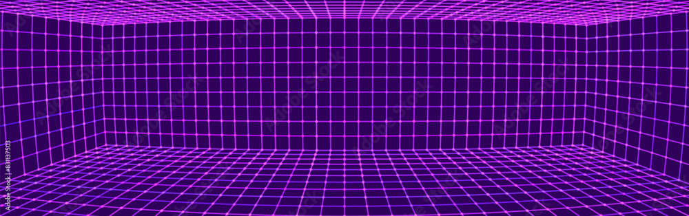 Poster Purple Cyberpunk Grid VR 3D Room with Fisheye Lens Effect. Tech Party Banner Background. Abstract Digital Background. Vintage Computer Virtual Reality VR Tunnel Technology Vector Illustration.