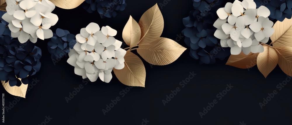 Wall mural Modern dark navy blue background adorned with navy and white hydrangea flowers and golden textured leaves.  - Wall murals