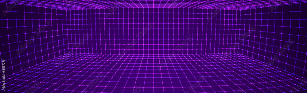 Poster Purple Cyberpunk Grid VR 3D Room with Fisheye Lens Effect. Tech Party Banner Background. Abstract Digital Background. Vintage Computer Virtual Reality VR Tunnel Technology Vector Illustration.