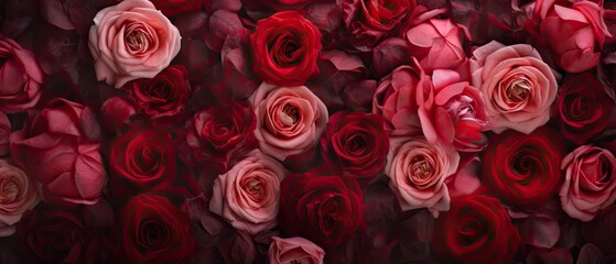 Top view shot of a luxurious rich red and pink roses, gorgeous floral wallpaper texture. Backgrounds graphic. 