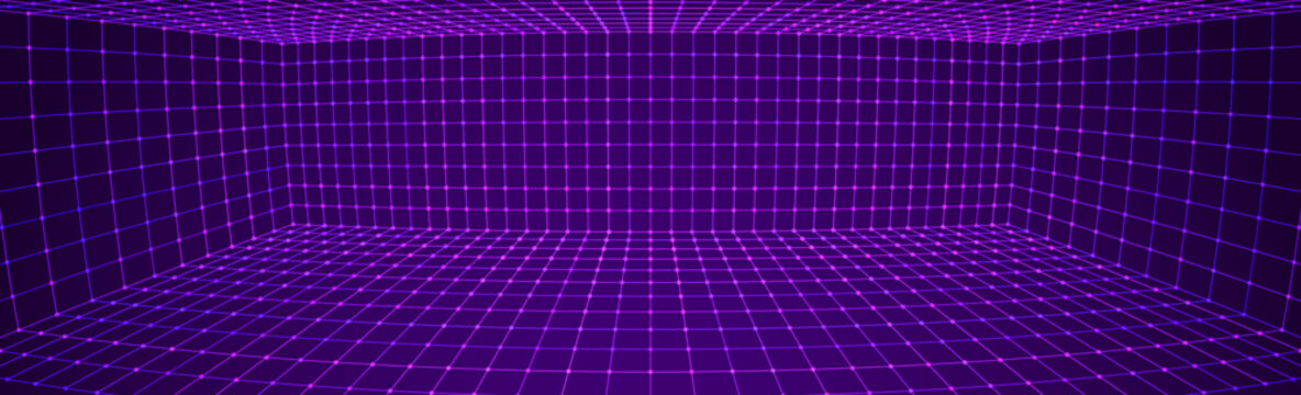 Purple Cyberpunk Grid VR 3D Room with Fisheye Lens Effect. Tech Party Banner Background. Abstract Digital Background. Vintage Computer Virtual Reality VR Tunnel Technology Vector Illustration.