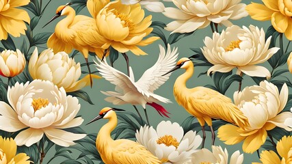 Modern seamless pattern of peonies and cranes in vintage style. Abstract art illustration.