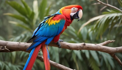Obraz premium A close-up of a colorful macaw perched on a branch, feathers ruffled in the wind.