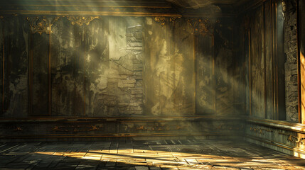 Old-world charm in a bronze room illuminated by gentle sun rays,