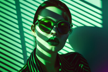 Mysterious ambiance with a woman in a striped outfit, dramatic green lighting casting sharp shadows
