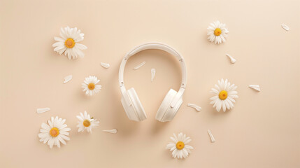 White headphones surrounded by daisies on a light beige background