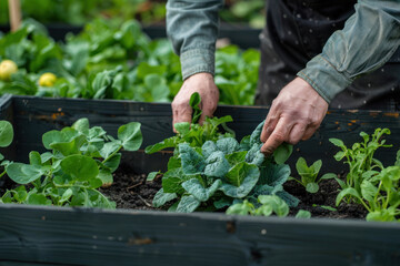 gardener's hands tending to vegetable plants in a garden