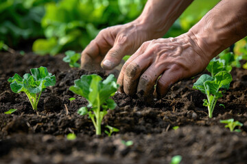 gardener's hands tending to vegetable plants in a garden