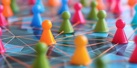 Colorful plastic figurines connected by lines symbolizing a network on a blue background