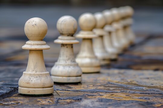 Several white chess pawns lined up on a chessboard with a shallow depth of field