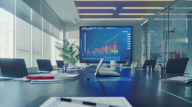 Modern Empty Meeting Room with Big Conference Table with Various Documents and Laptops on it on the Wall Big TV with Big Data Statistics Talks about Company Growth Contemporary Designe : Generative AI
