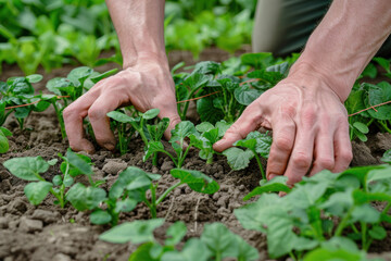 gardener's hands tending to vegetable plants in a garden