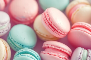 Obraz premium A soft-focused image of assorted colorful French macarons neatly arranged