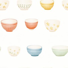 Seamless pattern of colorful bowls with floral and geometric designs on white background.