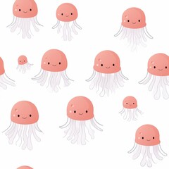 Cute cartoon jellyfish pattern on white background.
