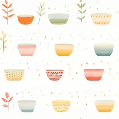 Seamless pattern with colorful bowls and leaves on white background.