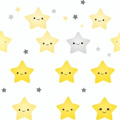 Naklejka premium Cute seamless pattern with yellow and grey stars with faces on white background
