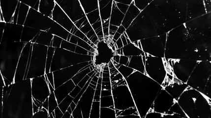 Obraz premium Abstract pattern of spider-web cracks emanating from a central hole in a pane of glass, showcased against a deep black backdrop