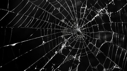 Naklejka premium Abstract pattern of spider-web cracks emanating from a central hole in a pane of glass, showcased against a deep black backdrop