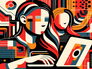 Abstract Art of Female Figures Working on Laptops With Colorful Geometric Patterns