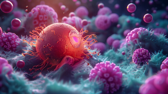 a mutated cell surrounded by healthy cells, highlighting the differences in morphology and structure 