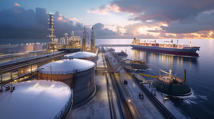 LNG facility with large storage tanks and a docked tanker ship at sunset, showing industrial operations