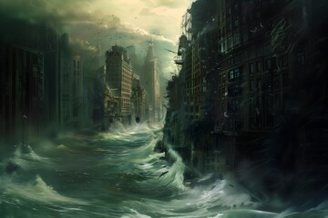 Flooding in the City. A cityscape where buildings are crumbling into the sea. Global warming concept. Generated by AI.