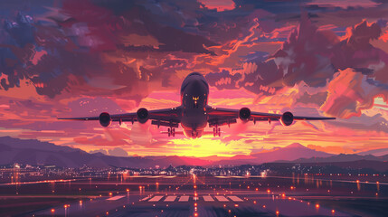 Airplane landing on runway at sunset with vibrant sky and city lights