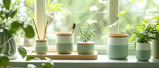 Close up of bathroom accessories on window sill in the style of Scandinavian interior design, pastel green and white colors with wooden elements, green plants