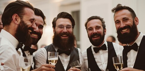 A group of men with beards and bow ties, holding glasses of champagne in their hands against the background