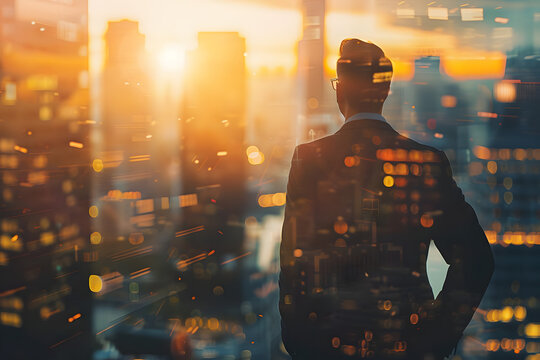 confident financial advisor in suit, looking at urban skyline. double exposure, financial district background. space for your investment message. wide, sunset glow. generative ai